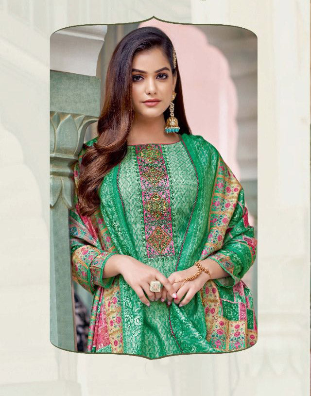 Unstitched Cotton Green Pakistani Karachi Suits Dress Material with Dupatta
