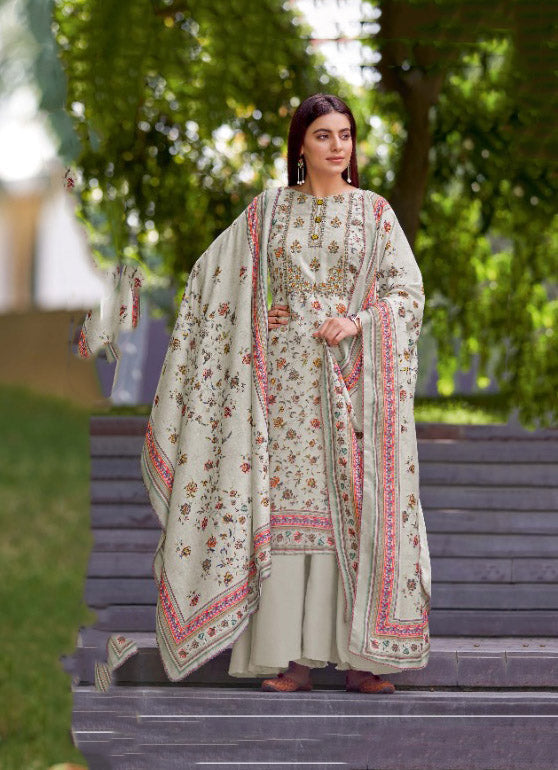 Unstitched Floral Printed Ladies Blue Cotton Suits With Self Embroidery