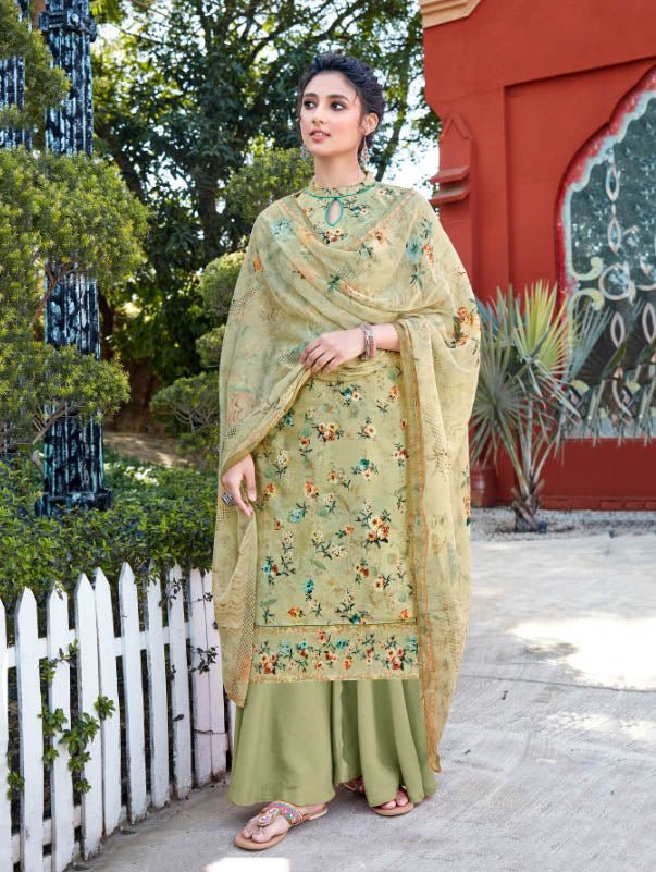 Unstitched Floral Printed Ladies Green Cotton suits with dupatta