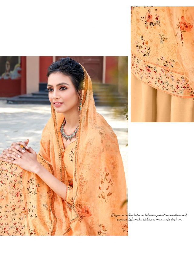 Unstitched Floral Printed Ladies Orange Cotton Suits With Embroidery