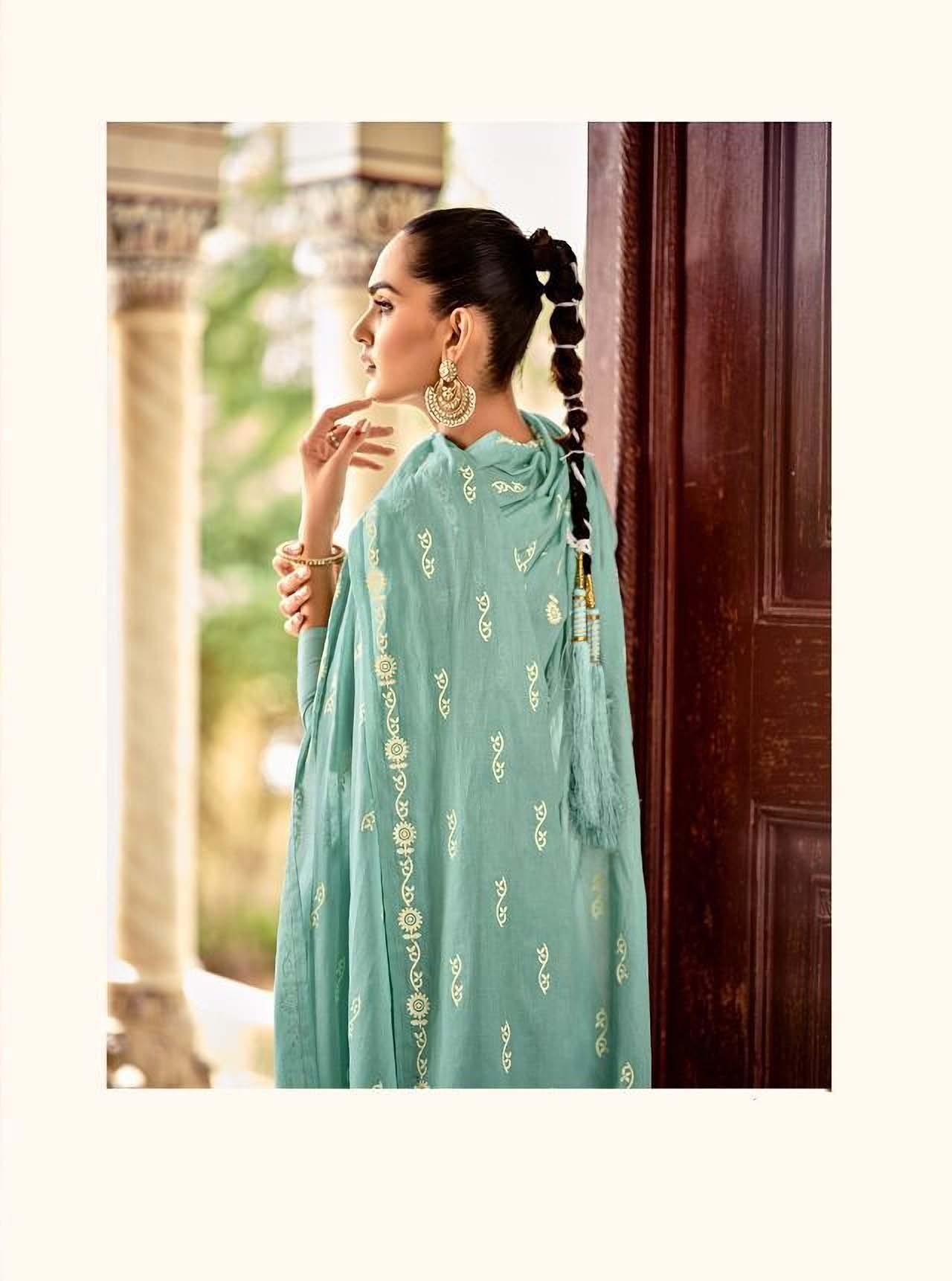 Unstitched Green Cotton Pakistani Dress Material Salwar Suits