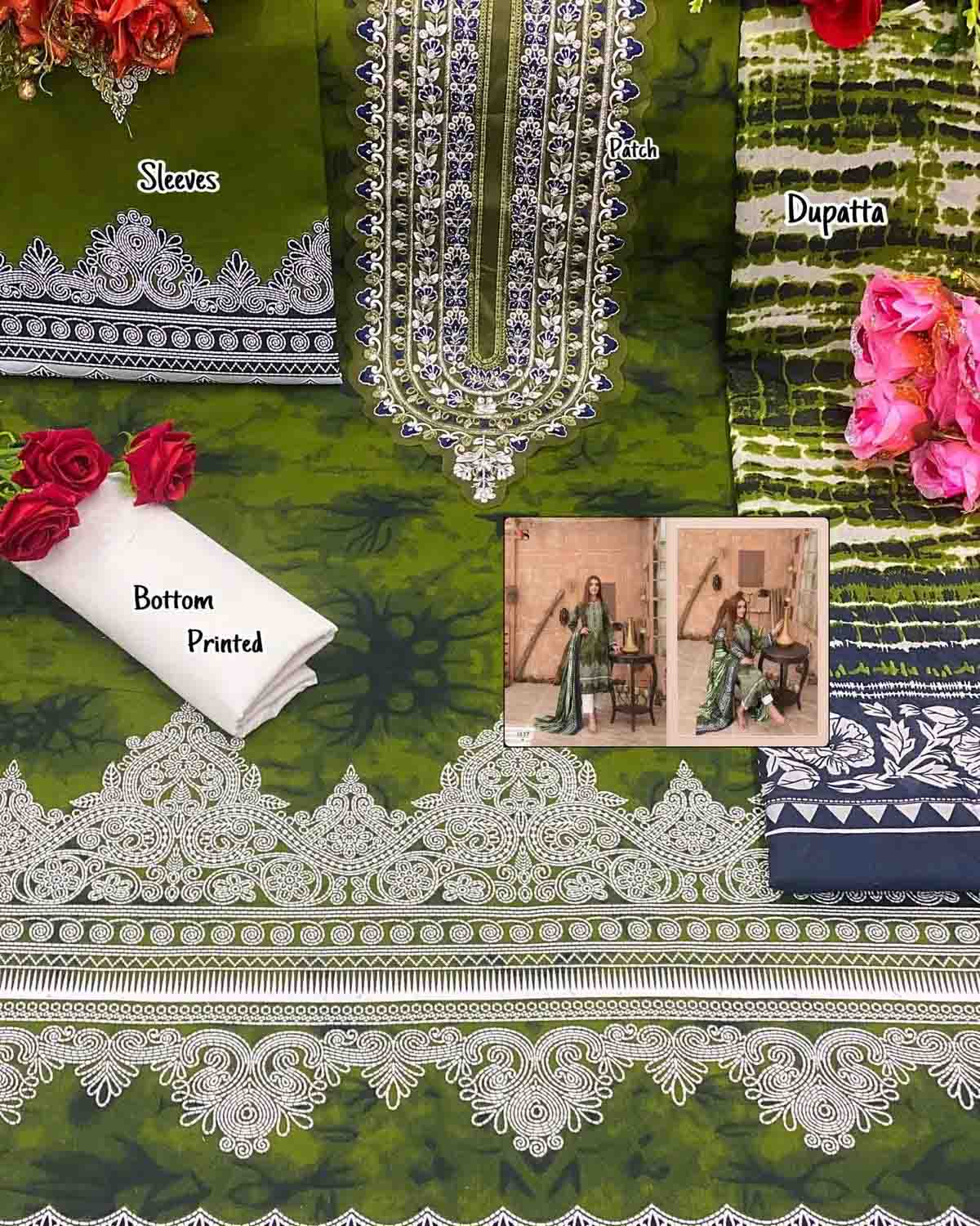 Unstitched Green Cotton Pakistani Suit Material