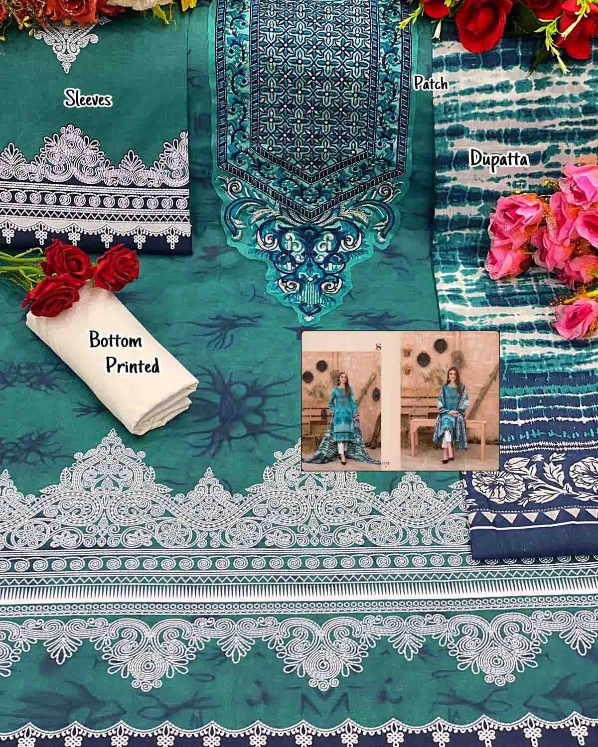 Unstitched Green Cotton Pakistani Suit Material