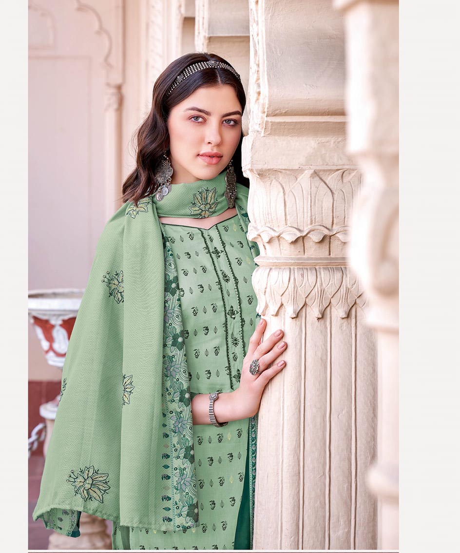 Unstitched Green Cotton Suits Dress Material for Ladies
