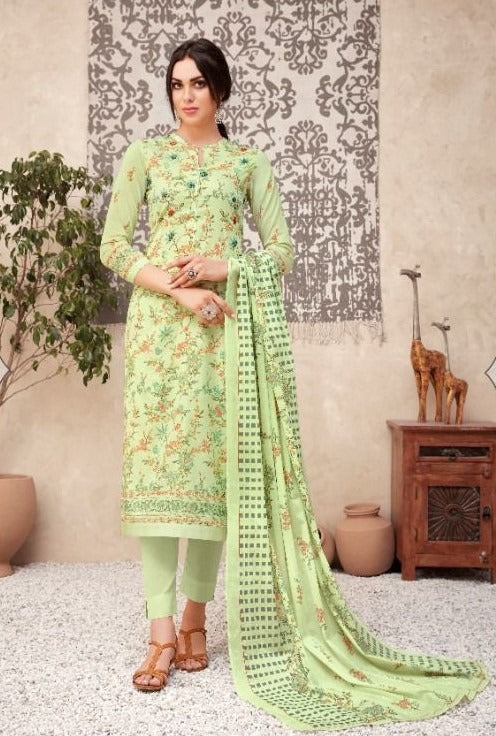 Unstitched Green Printed Cotton Suits Dress Materials for Ladies