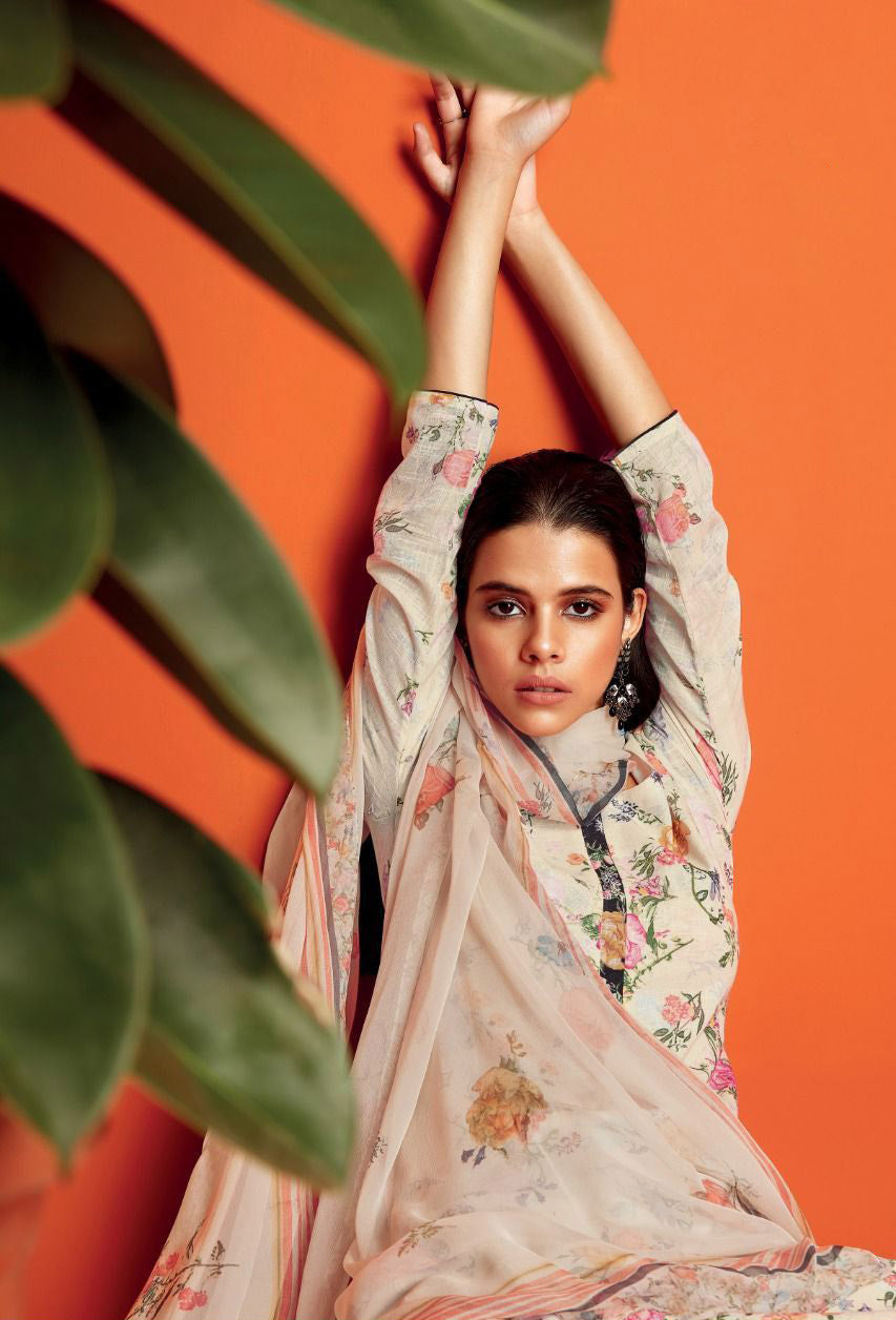 Unstitched Off-White Cotton Linen Printed Salwar Suits Material