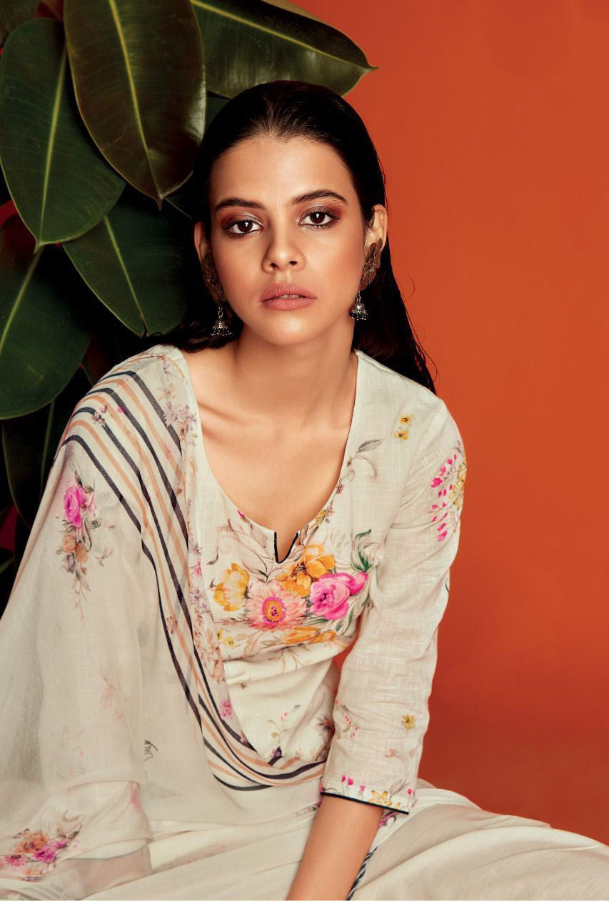 Unstitched Off-White Cotton Linen Printed Salwar Suits Material