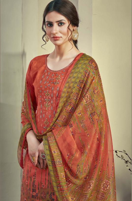 Unstitched Orange Cotton Embroidery Suits Dress Material