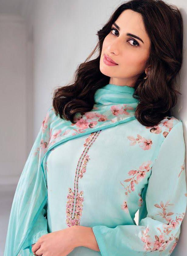 Unstitched Printed Embroidery Blue salwar suit Dress Material