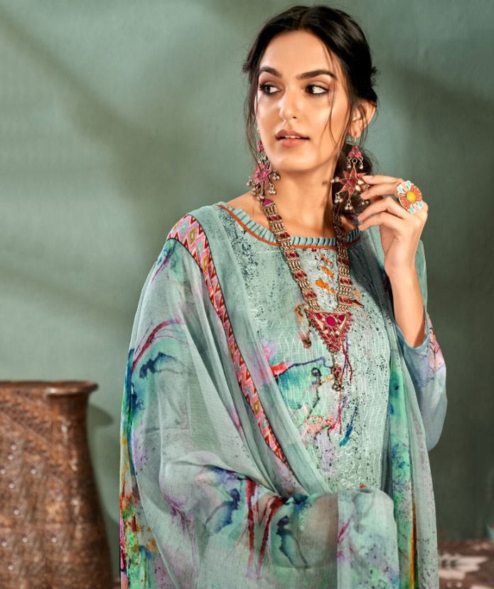 Unstitched Printed Ladies cotton Suits With Chiffon dupatta