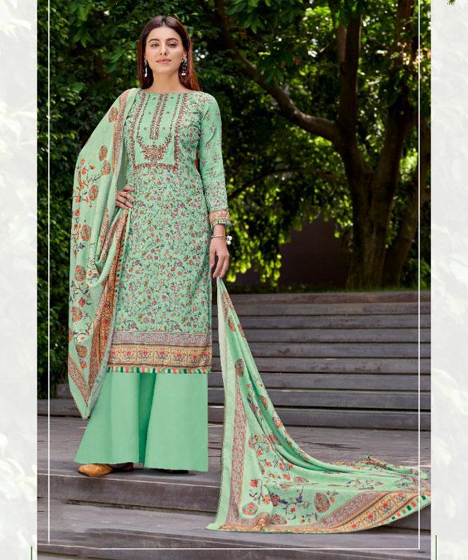 Unstitched Wool Pashmina Green Winter Suits Set For Ladies