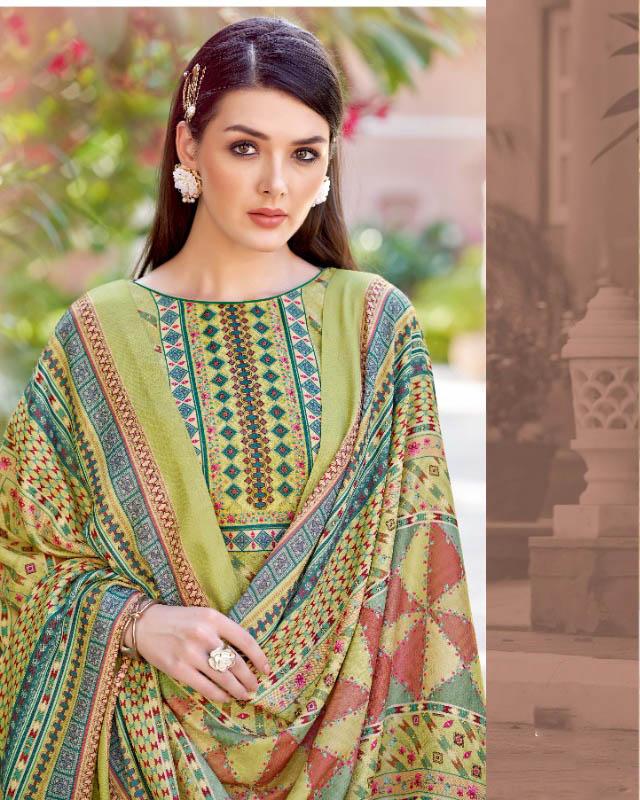 Unstitched Wool Pashmina Green Winter Women Suits Set