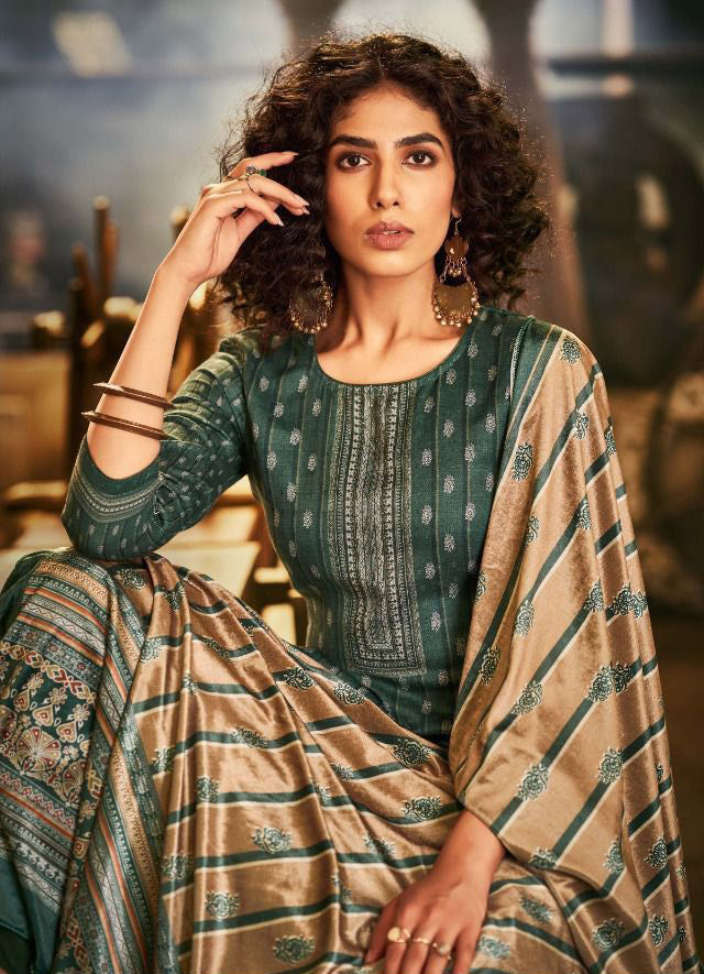 Unstitched Woolen Green Pashmina Winter Women Suits Set