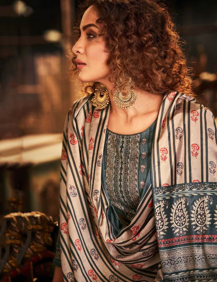 Unstitched Woolen Pashmina Green Winter Wear Women Suits Set