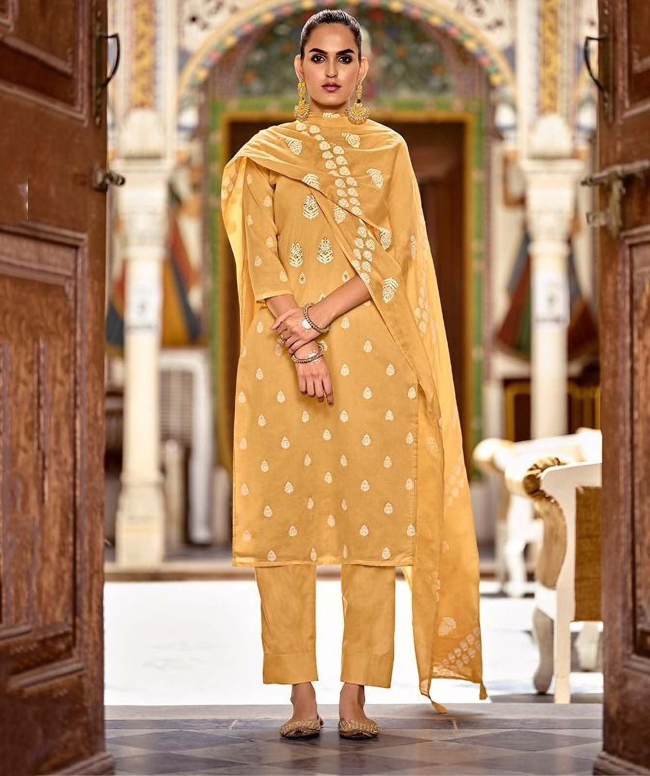 cotton unstitched dress material-Yellow (Unstitched)