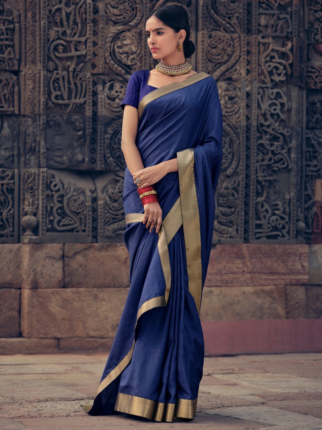 Vichitra Silk Woman Blue Saree With Heavy Lace and Blouse