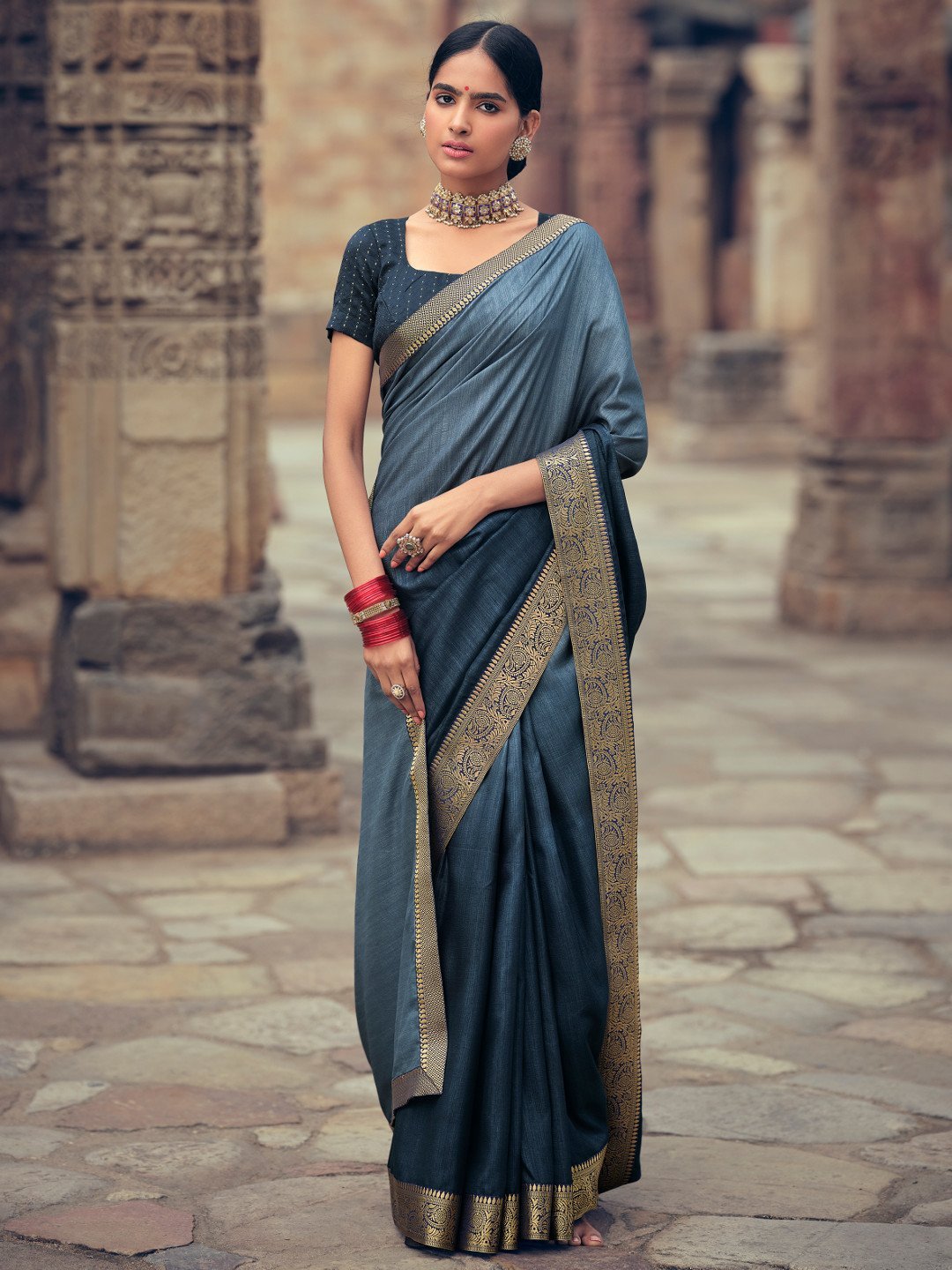 Vichitra Silk Woman Grey Saree With Heavy Lace and Blouse