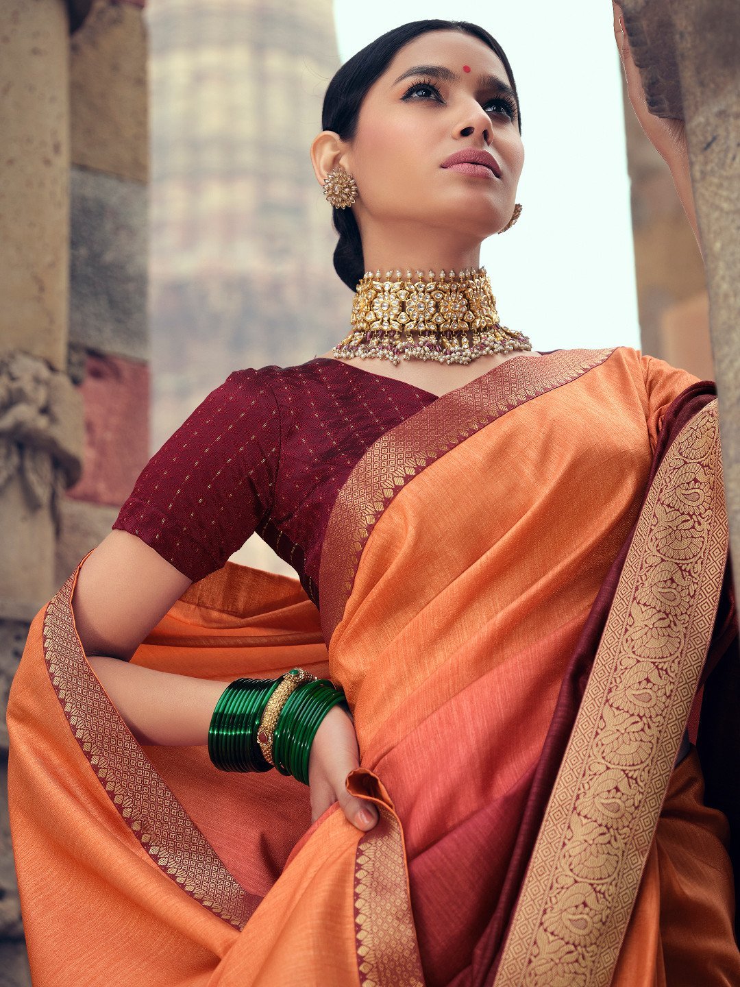 Vichitra Silk Woman Orange Saree With Heavy Lace and Blouse
