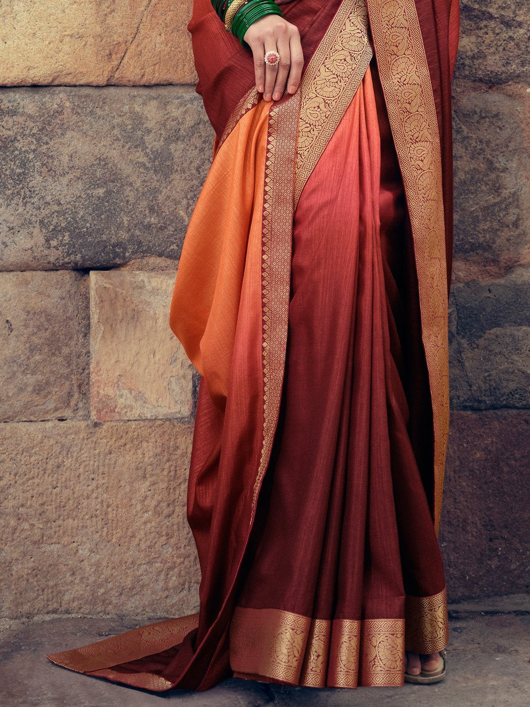 Vichitra Silk Woman Orange Saree With Heavy Lace and Blouse