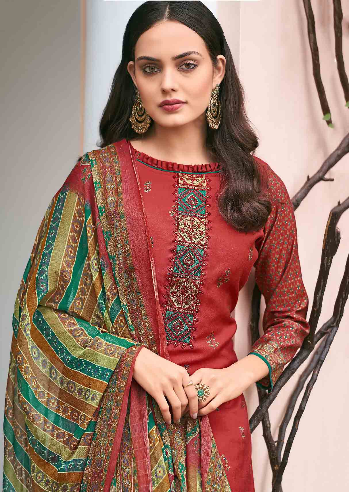 Viscose Silk Party Wear Red Unstitched Suits Dress Material