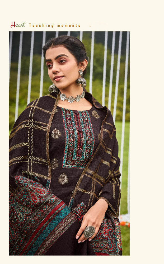 Belliza Wool Pashmina Brown Unstitched Winter Suits
