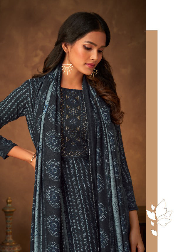 Pure Pashmina Printed Blue Winter Unstitched Salwar Suit