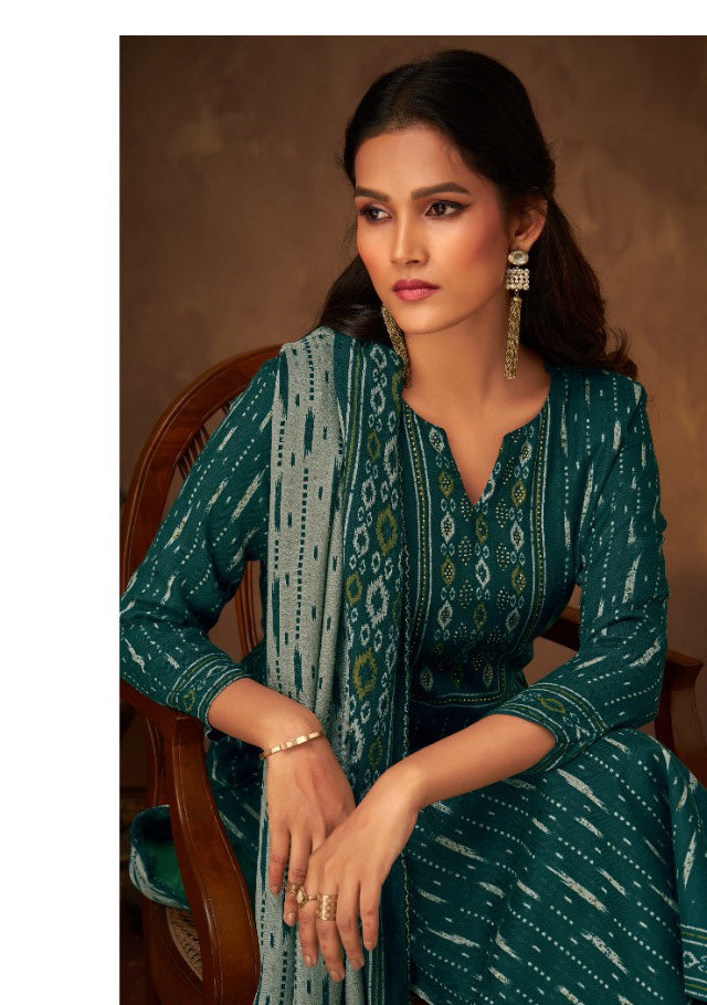 Pure Pashmina Printed Green Winter Unstitched Salwar Suit