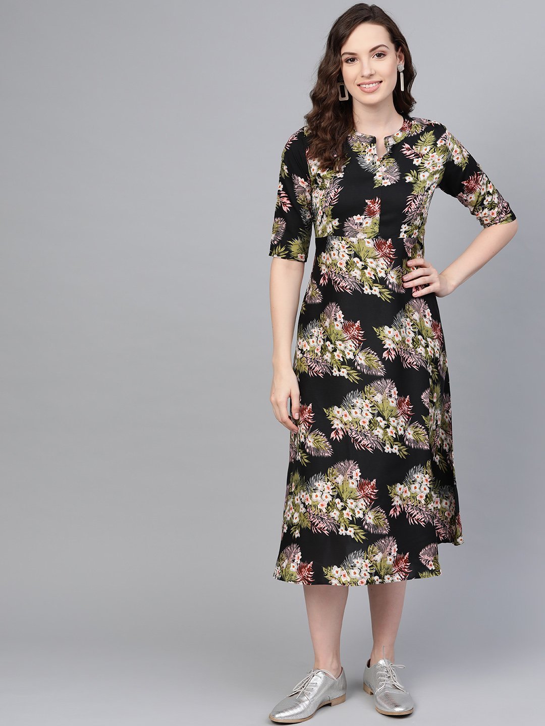 Women's Black Floral Printed Collar Casual long Dress