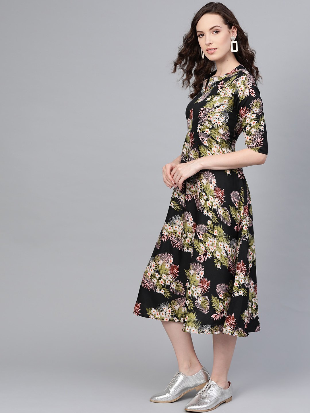 Women's Black Floral Printed Collar Casual long Dress