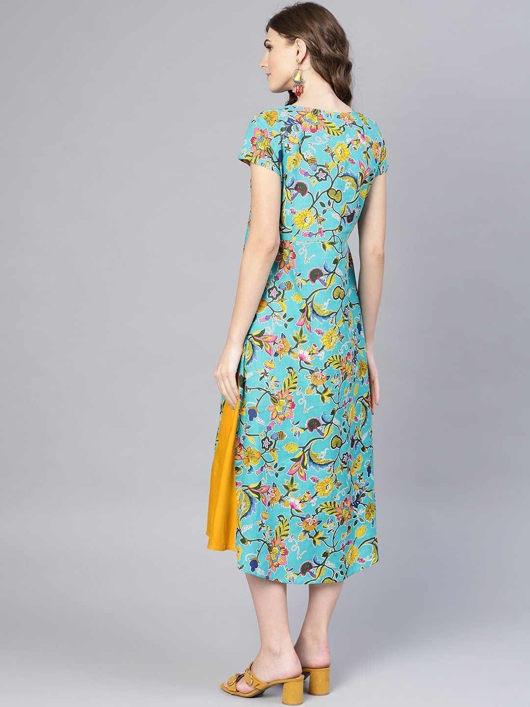 Women's Blue Printed Cotton Western Dress