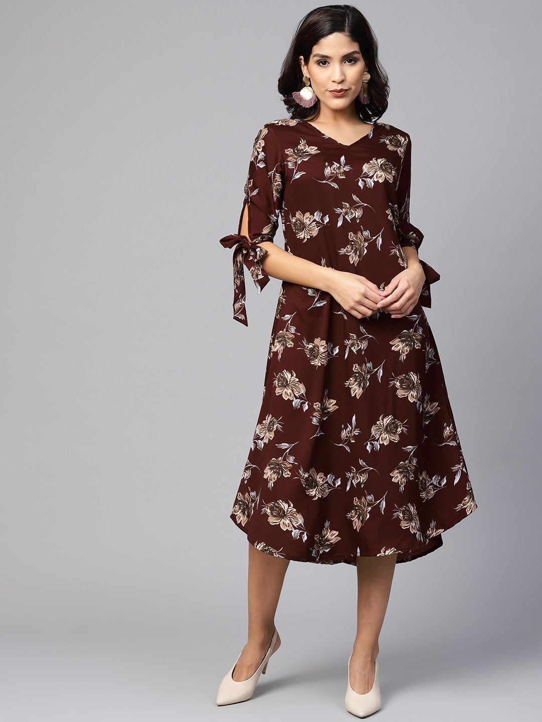 Women's Brown Printed Half Sleeve V Neck Polyester Dress