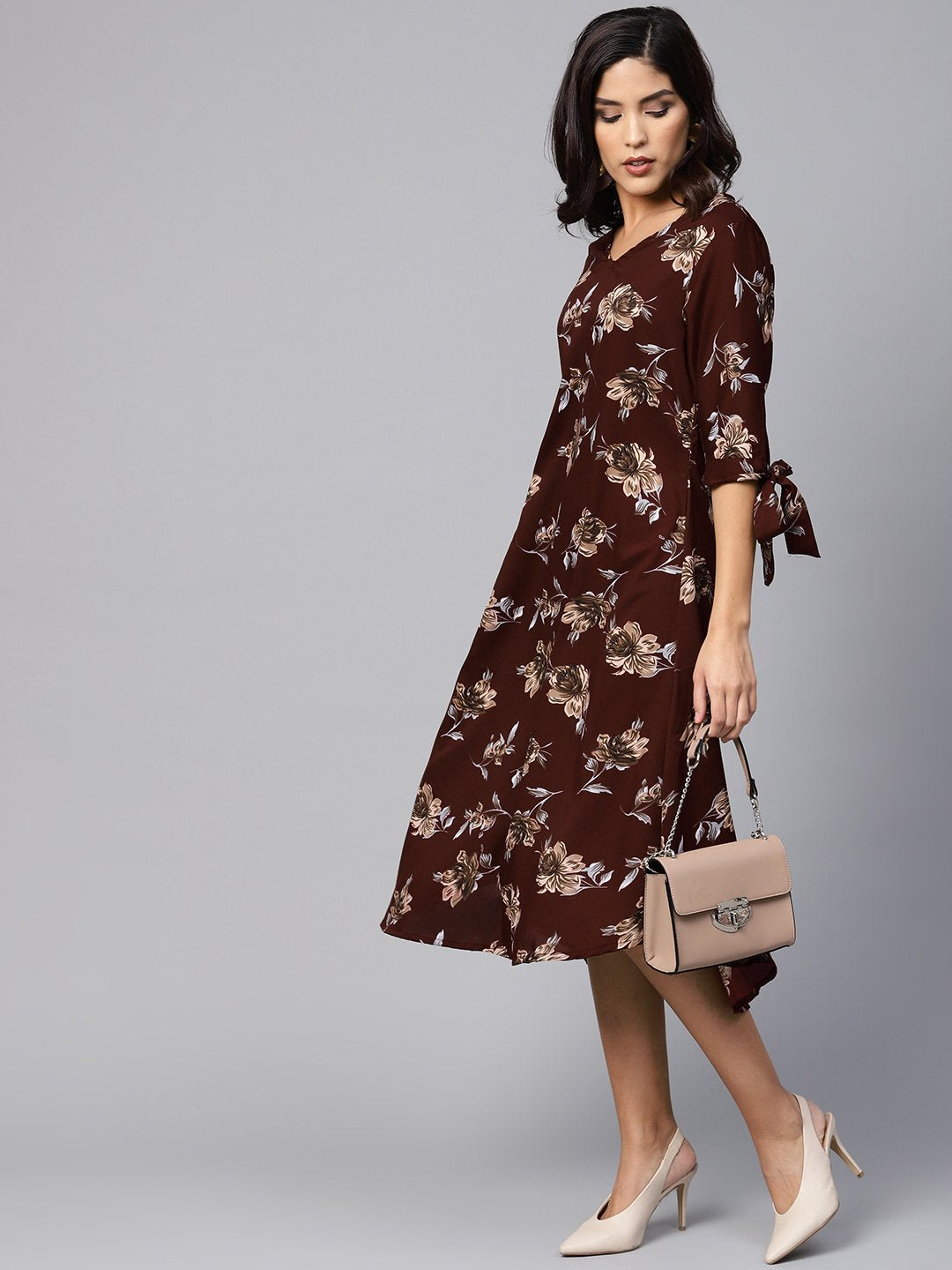 Women's Brown Printed Half Sleeve V Neck Polyester Dress