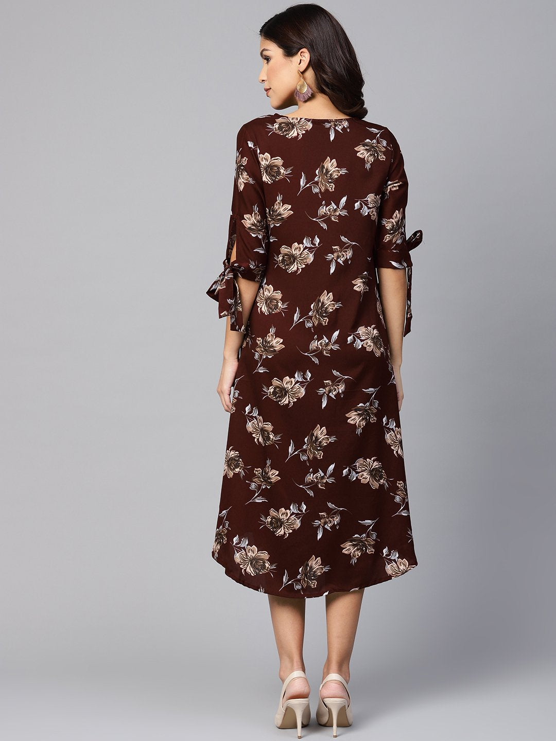 Women's Brown Printed Half Sleeve V Neck Polyester Dress