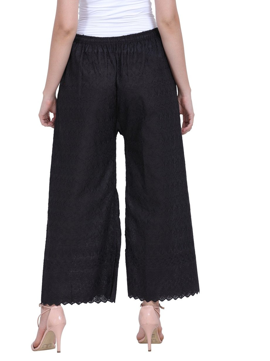 Women's Embroidered Black Cotton Chikankari Palazzo