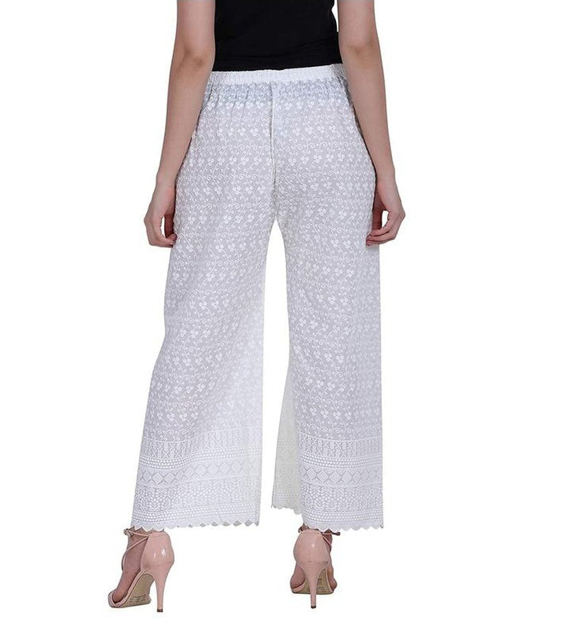 Women's Embroidered Cotton Chikankari Palazzo White