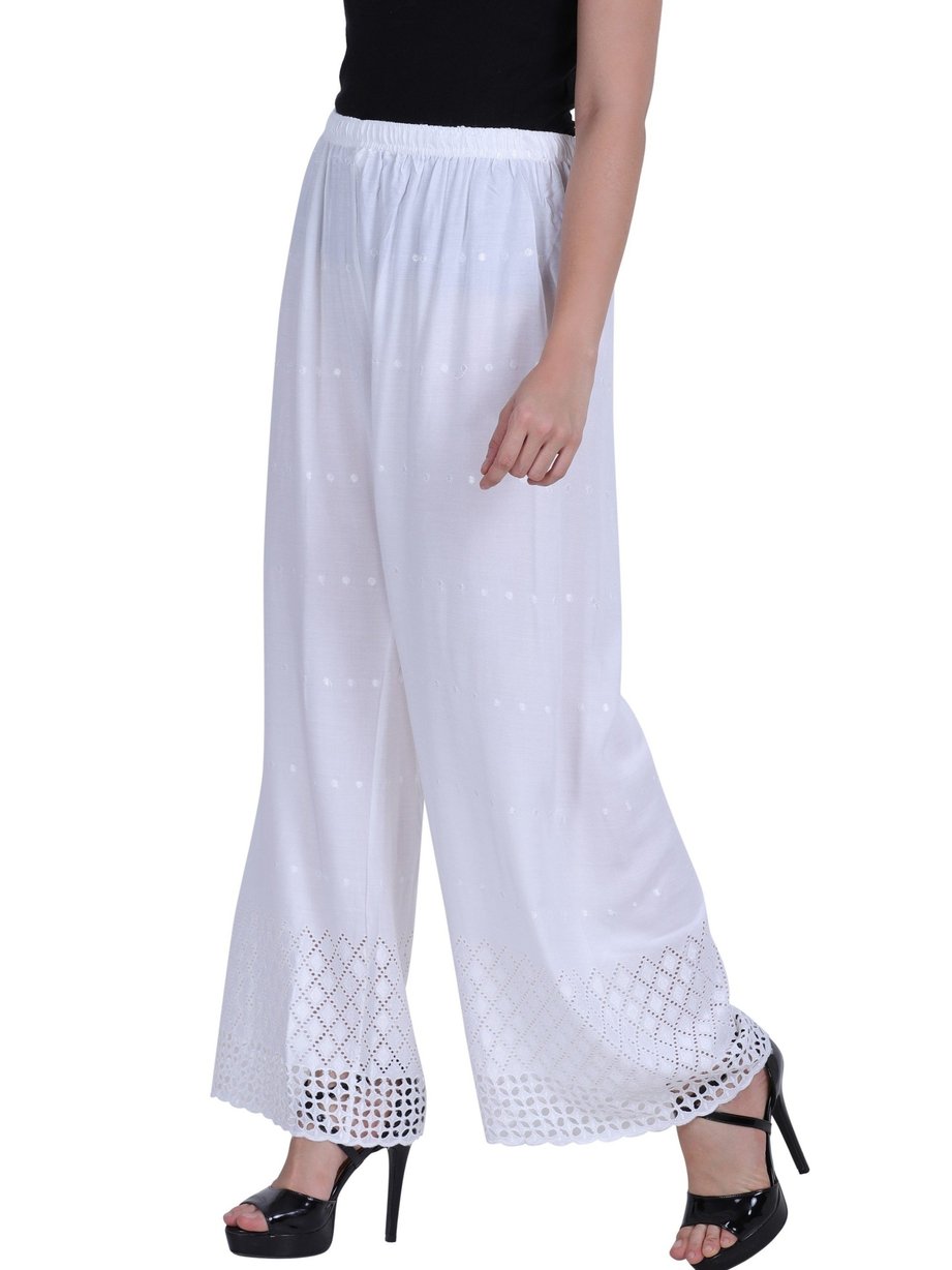 Women's Embroidered Rayon chikankari White Palazzo