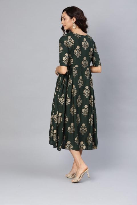 Women's Green Printed Round Neck Rayon Dress