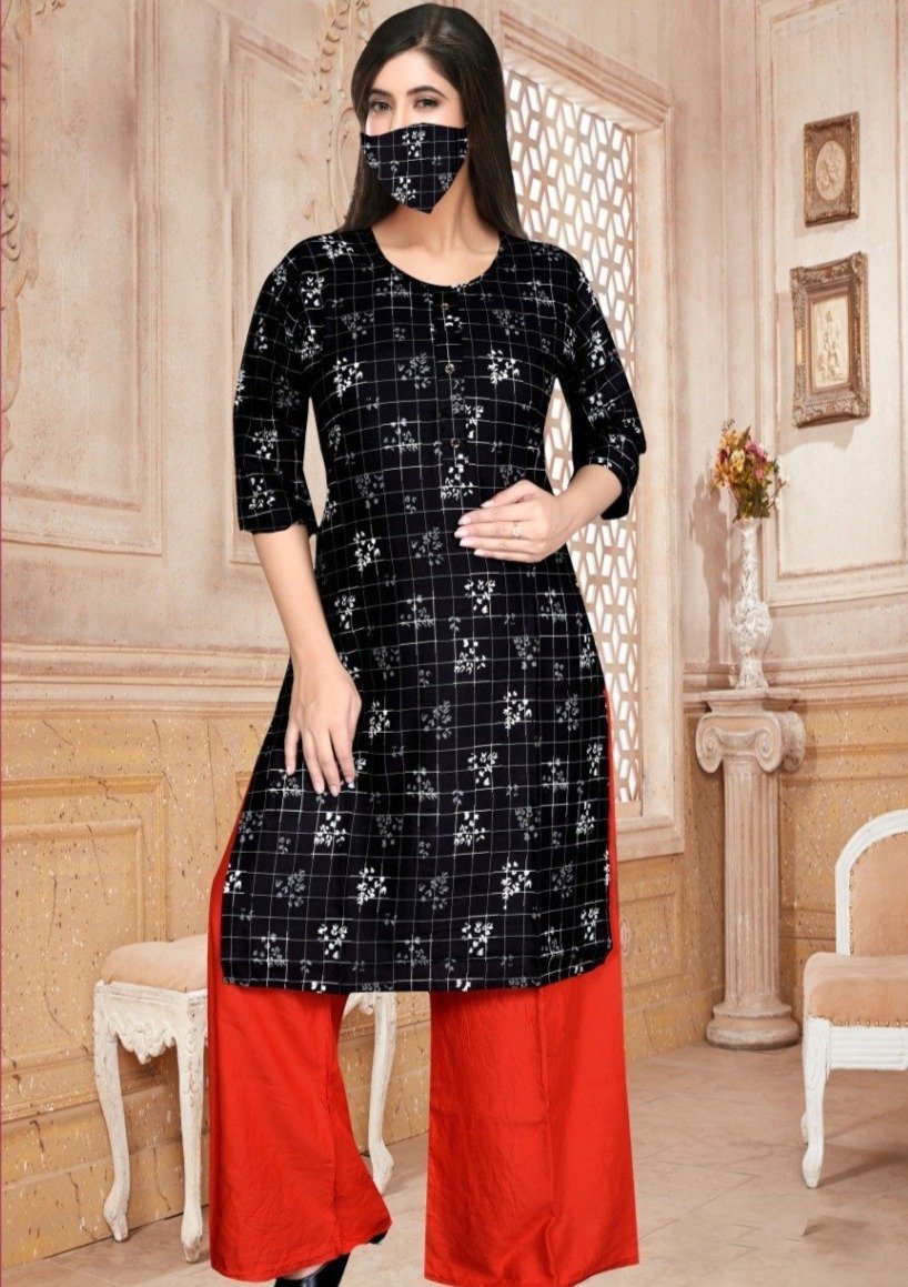 Women's Long Kurtis Palazzo Set With Black Face Mask