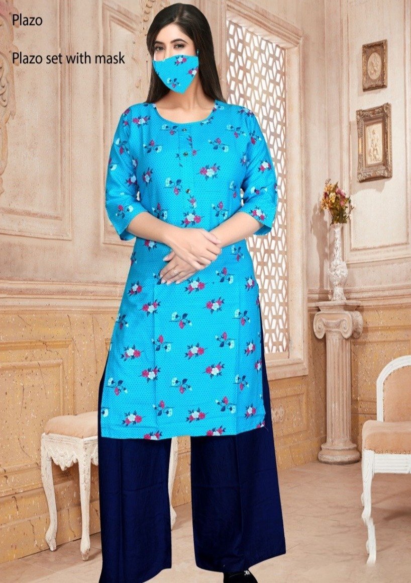 Women's Long Kurtis Palazzo Set With Face Mask Blue