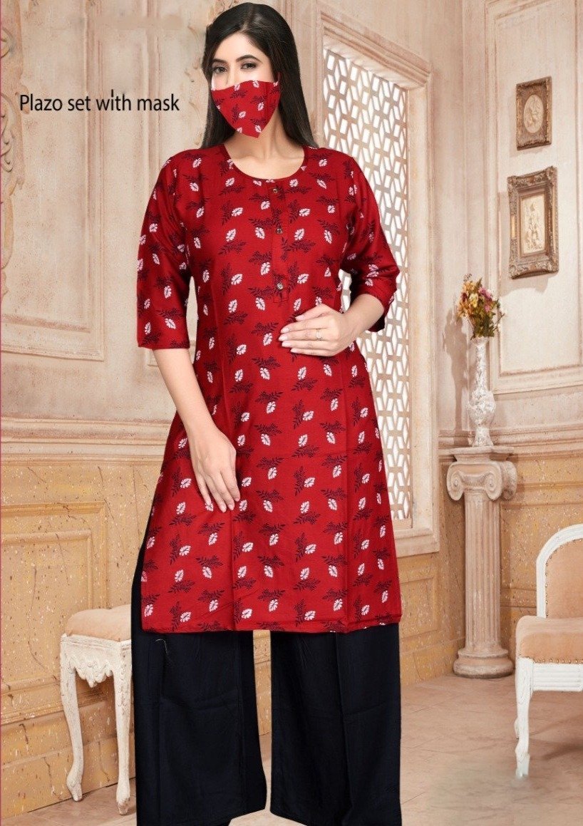 Women's Long Kurtis Palazzo Set With Face Mask Maroon