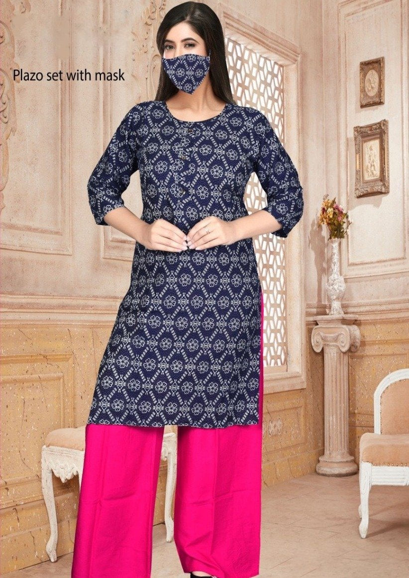 Women's Long Kurtis Palazzo Set With Face Masks