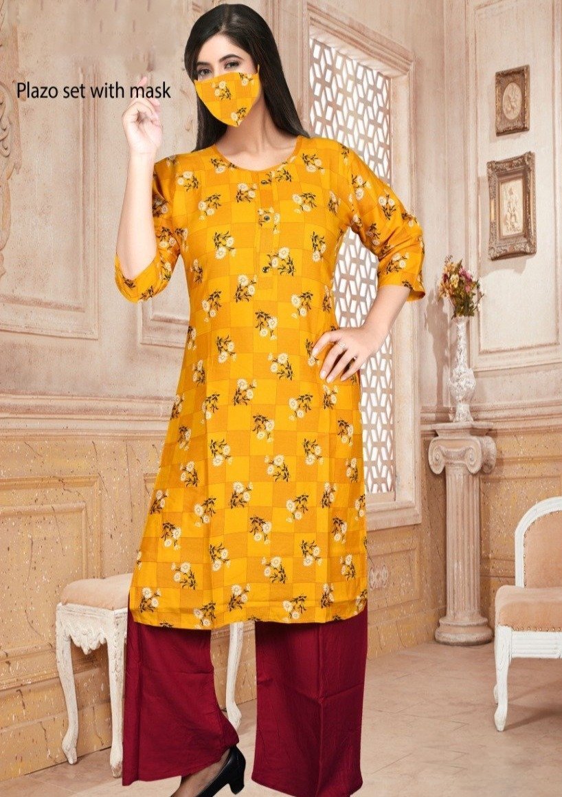 Women's Long Kurtis Palazzo Set With Yellow Face Mask