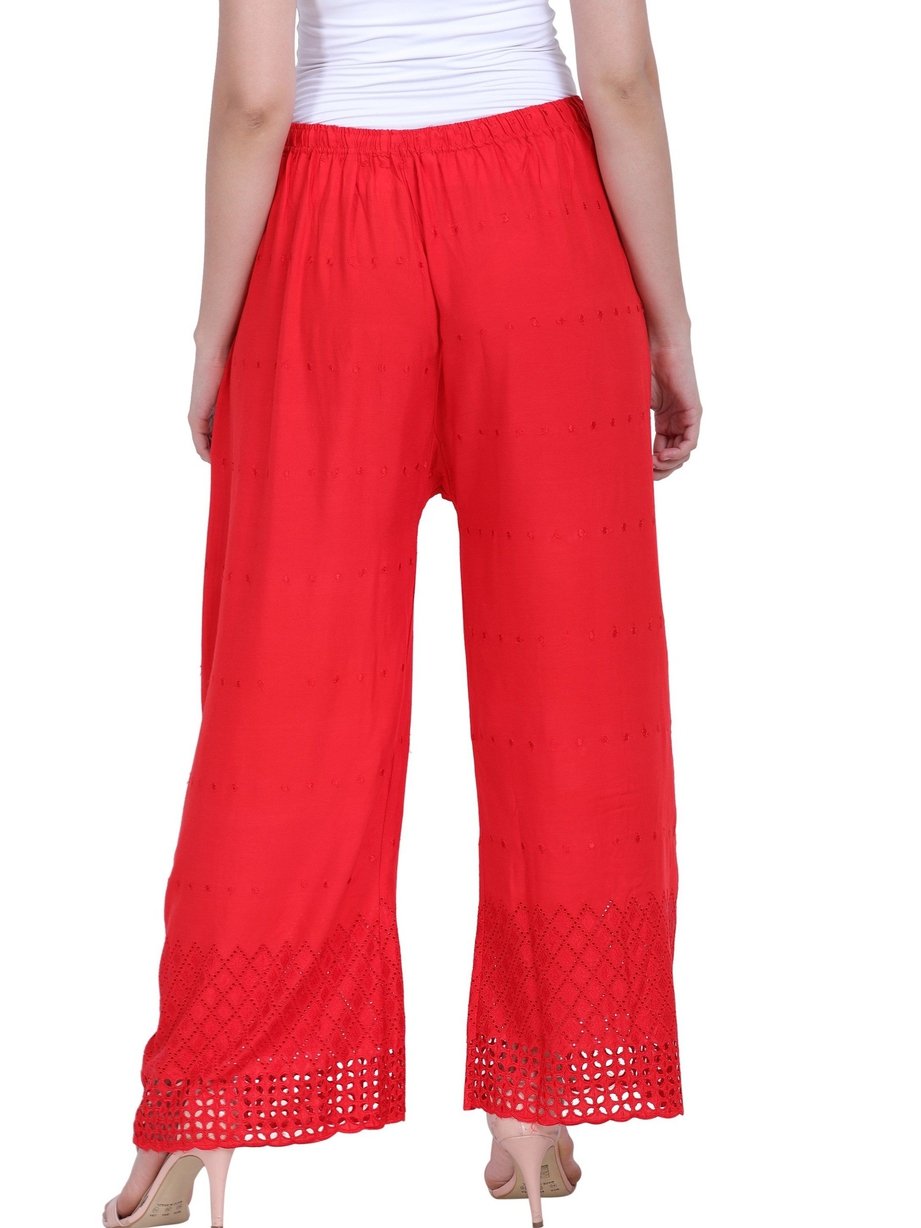 Women's Lucknow Embroidered Cotton Palazzo (Free Size, Red)