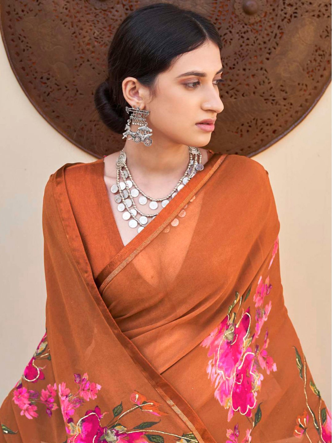 Women's Orange Georgette Printed Saree with Lace
