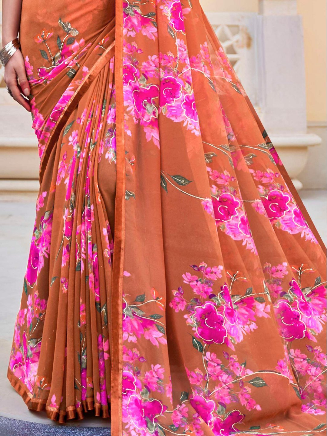 Women's Orange Georgette Printed Saree with Lace