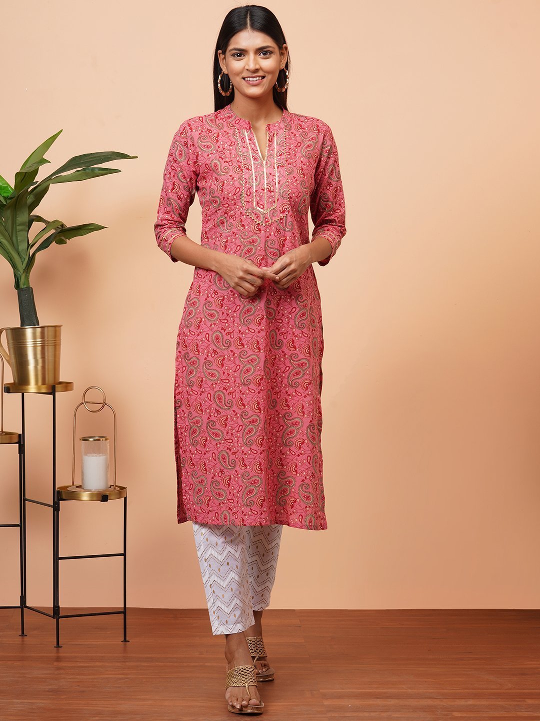 Women's Pink Printed Cotton kurta With Pant Set