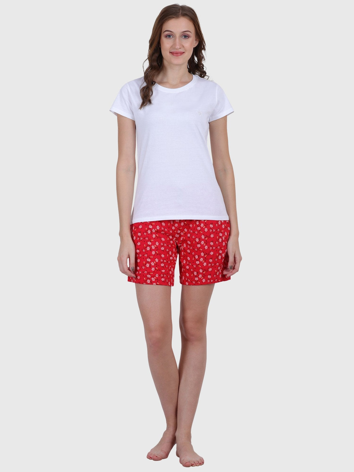 Women's Printed Cotton Night Sleep Shorts Red