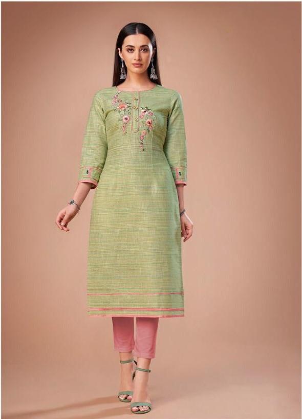 Women's Pure Cotton Green Kurti with Embroidery