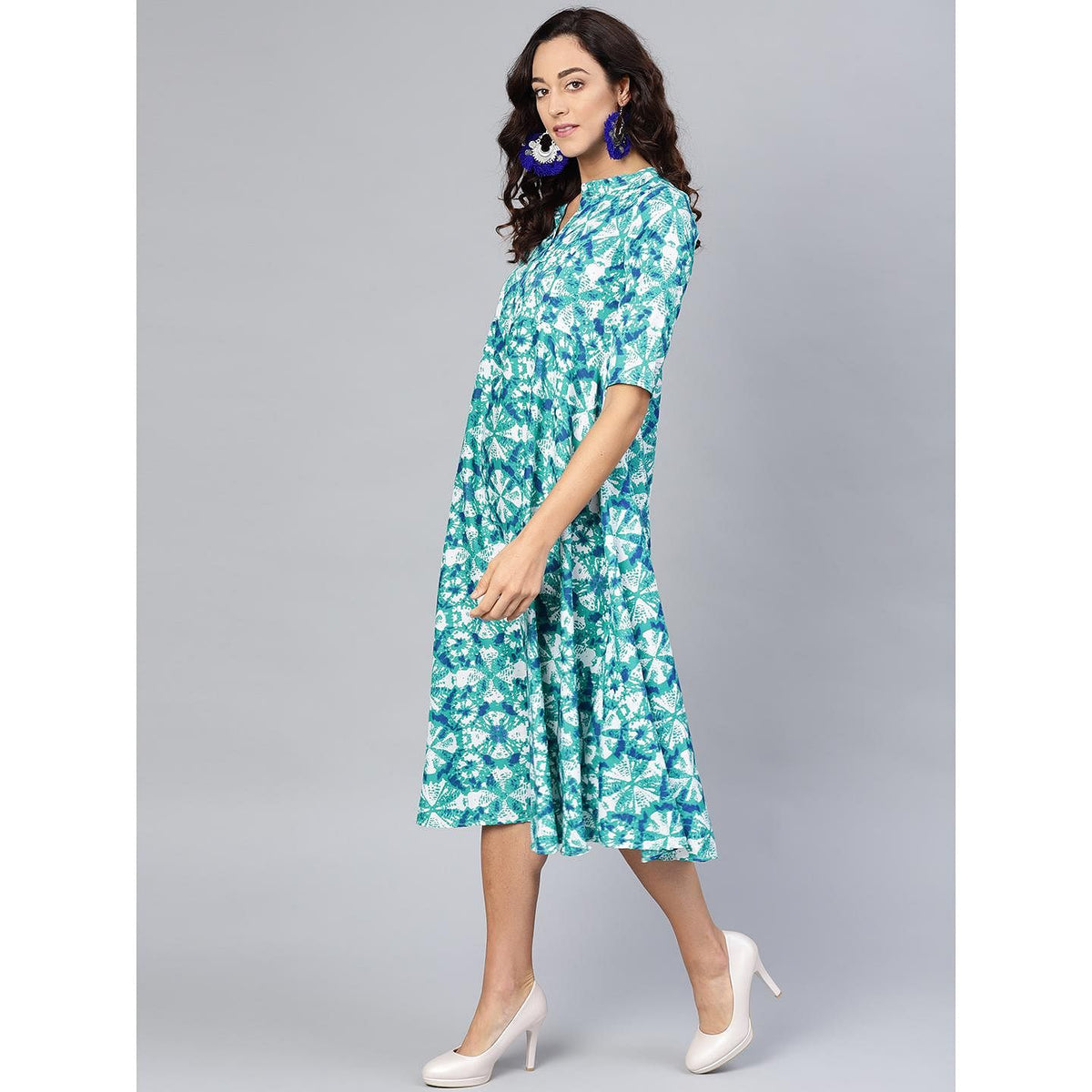 Women's Turquoise Blue Printed Collar Neck Crepe Dress