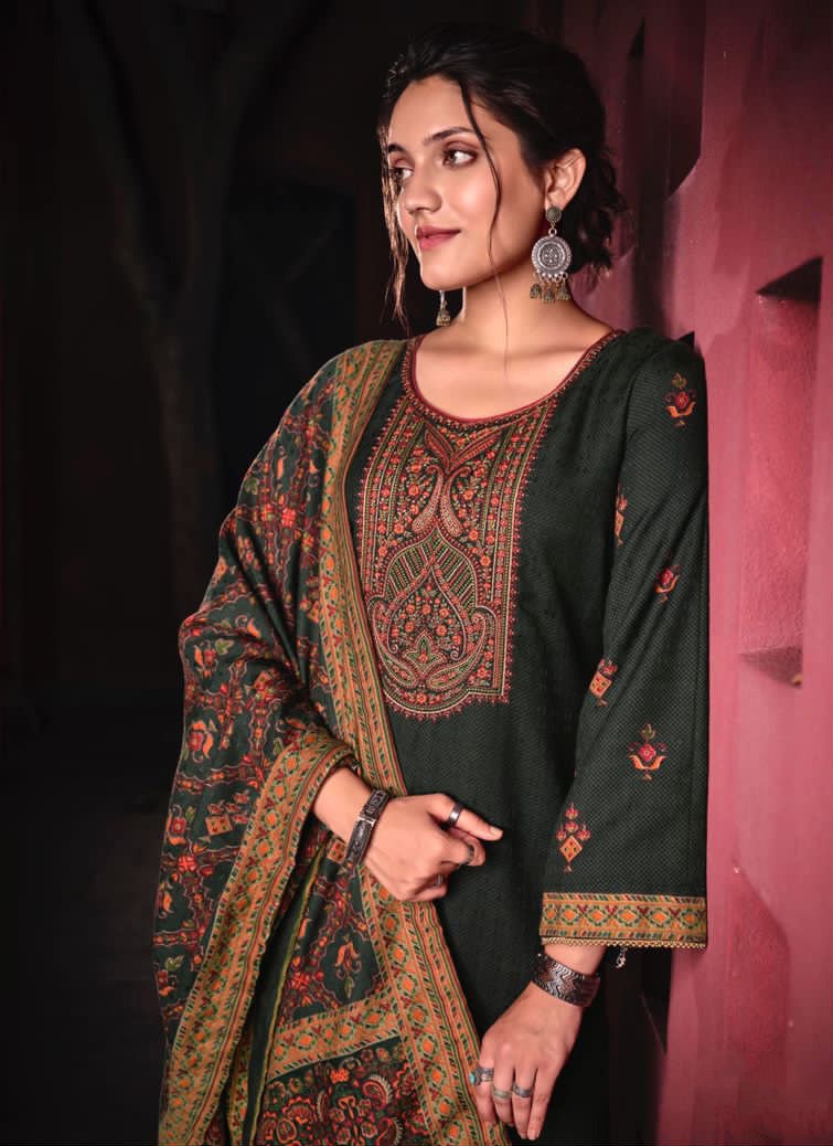 Woolen Pashmina Black Winter Unstitched Suits With shawl